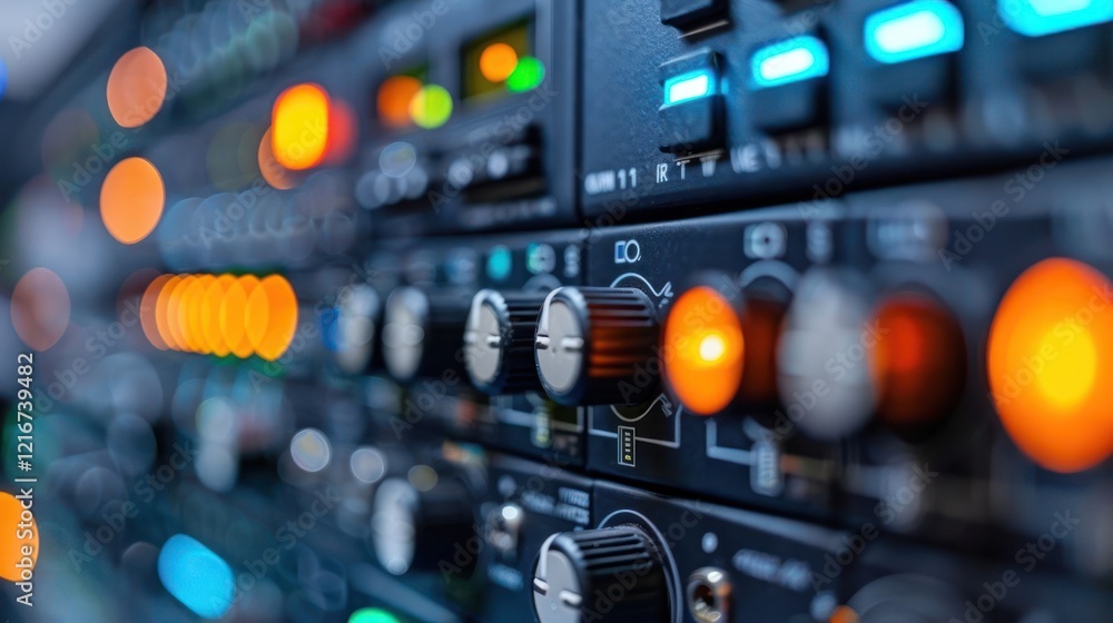 Poster close-up of audio mixing equipment with illuminated buttons and knobs in a studio setting