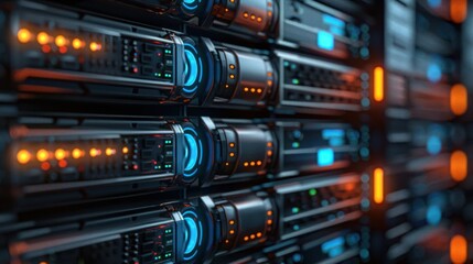 Obraz premium Close-up view of illuminated server racks showcasing technology in a data center environment