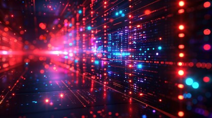 Naklejka premium Abstract digital background with vibrant lights and patterns depicting data flow in technology