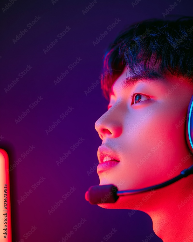 Poster tech-enhanced streaming experience solo gamer in neon ambiance with dual monitors and dynamic chat i