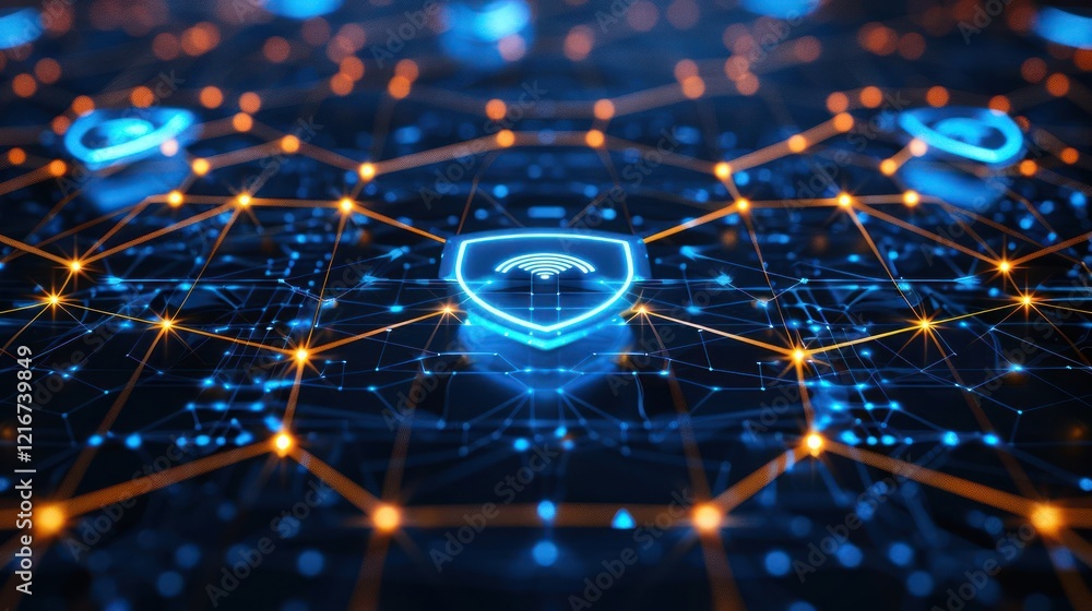 Poster abstract digital network with glowing nodes and shield icons representing cybersecurity connections