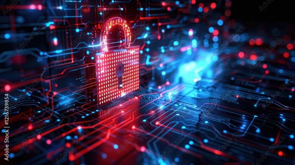 Aufkleber digital padlock symbolizing cybersecurity amidst vibrant circuit patterns and glowing lights