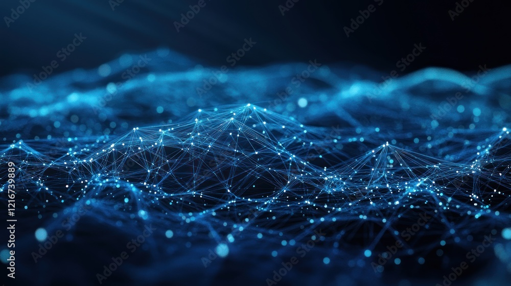 Poster abstract blue network data visualization glowing points lines dark background