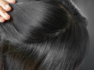 Health beauty concept, scalp hair woman clean and clear dandruff, close up brown hair healty non...