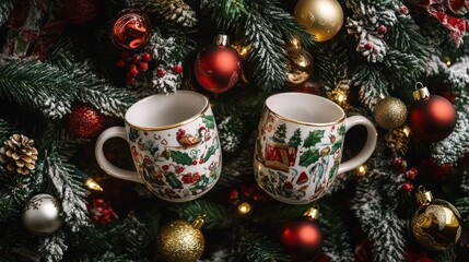 two white cups, placed in front of the Christmas tree.