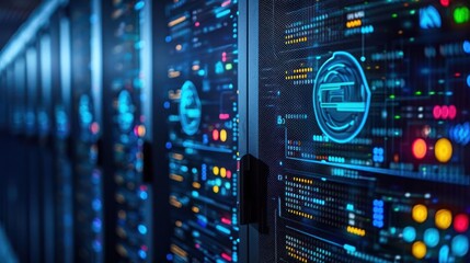 Obraz premium High-tech server room filled with illuminated data servers displaying vibrant digital interfaces