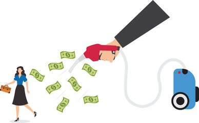 Tax burden, bankruptcy or financial problem, increased corporate tax burden, burden of the company income tax, fearful businesswoman runs away with dollars scattered and sucked up by a tax vacuum clea