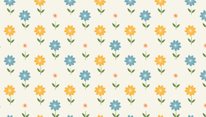 Seamless pattern with blue and yellow flowers. Vector illustration.
