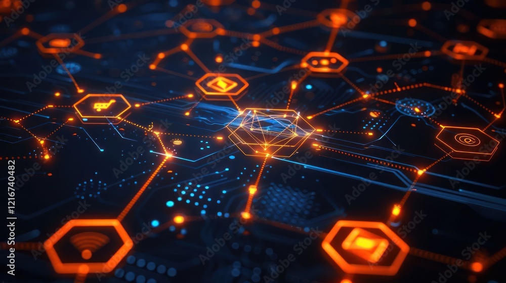 Aufkleber abstract digital network with glowing orange connections and hexagonal icons on dark background