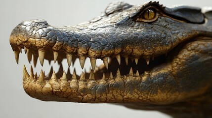 Obraz premium A close-up of the head and jaw of an alligator, focusing on its teeth and scales, against a white background. 