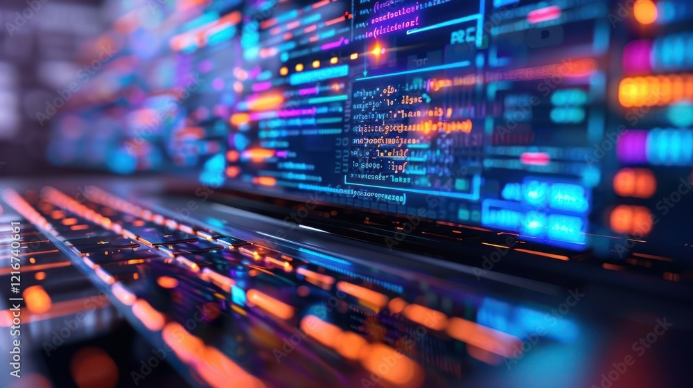 Poster close-up view of a laptop keyboard with vibrant code display, showcasing digital technology and inno