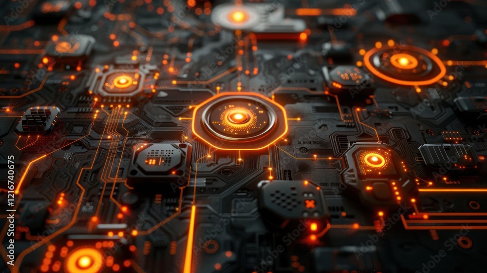 Poster abstract close-up of a futuristic circuit board with glowing orange elements and intricate details