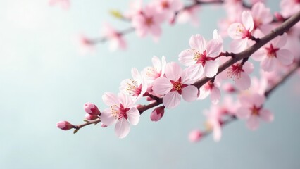 Delicate Spring Blossoms on a Branch, Soft Pink Petals Unfurling in Gentle Breeze,  Nature's Beauty Unveiled