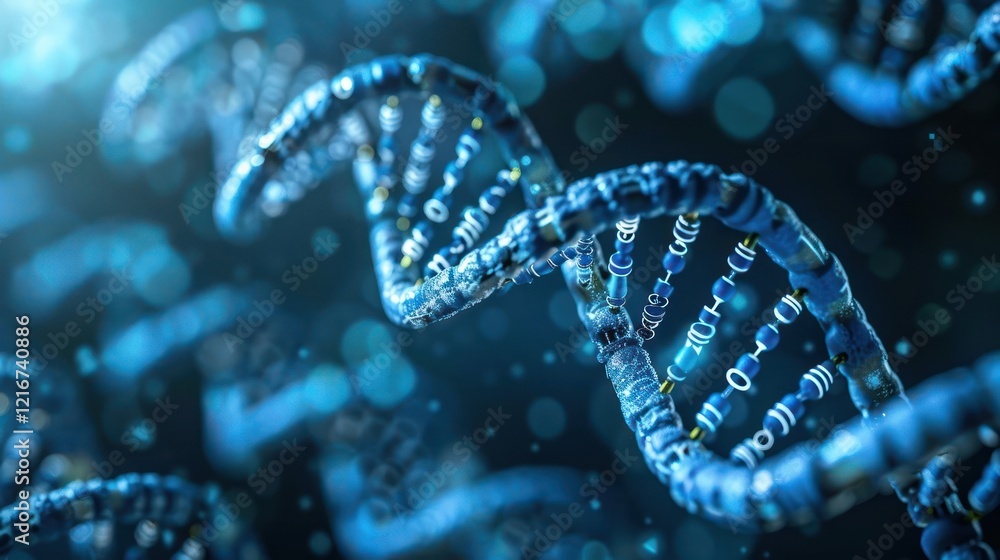 Aufkleber close-up view of a dna double helix structure illuminated with blue light against a blurred backgrou