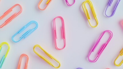Colorful paperclips scattered on white background; office supplies; flatlay