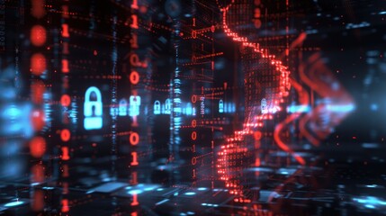 Obraz premium Abstract digital landscape featuring flowing data streams and security elements in a futuristic setting