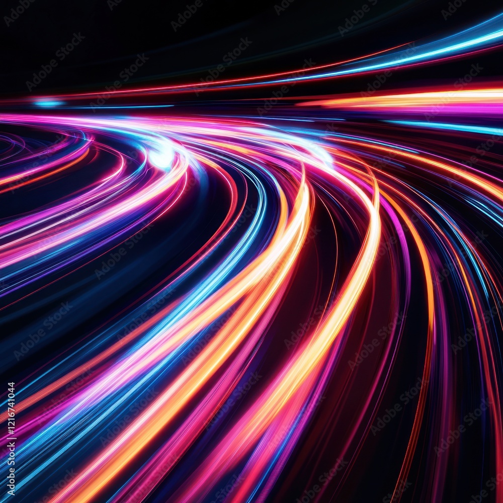 Poster dynamic light trails form a mesmerizing pattern of vibrant colors on black background