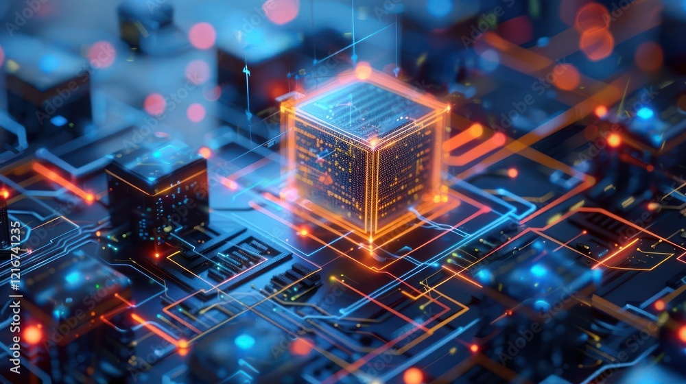 Aufkleber futuristic microchip surrounded by glowing circuitry on a digital circuit board