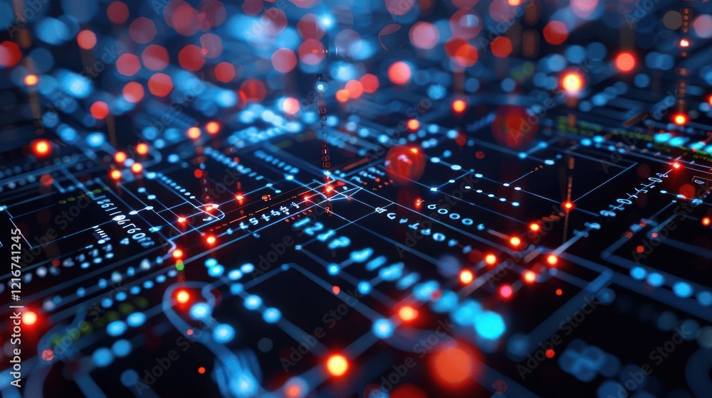 Poster abstract digital circuit board with glowing lights and intricate patterns, showcasing technology and