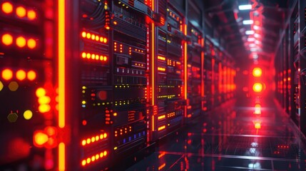 Futuristic data center corridor with glowing red lights and servers, showcasing advanced technology