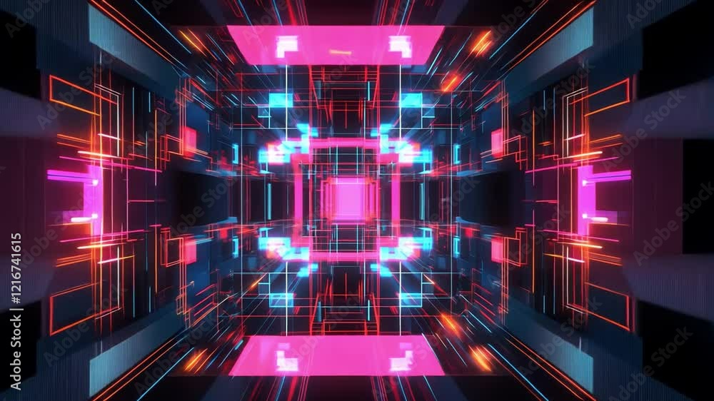 Poster neon glowing tunnel: a mesmerizing digital rendering of a vibrant neon tunnel, pulsating with glowin