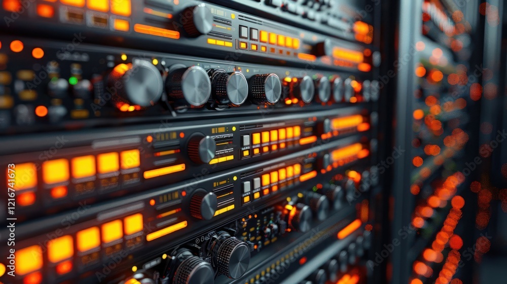 Poster close-up view of illuminated server equipment displaying vibrant orange lights in a data center