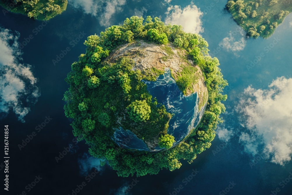 Poster a small planet with trees and water surrounding it. the planet is green and blue. the trees are lush