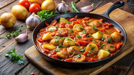 Traditional Spanish dish being cooked in a large cast-iron pan with sizzling potatoes and onions in a flavorful tomato-based sauce, kitchen, food