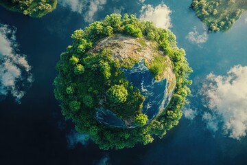 A small planet with trees and water surrounding it. The planet is green and blue. The trees are lush and the water is calm. Concept of harmony and balance between nature and the environment