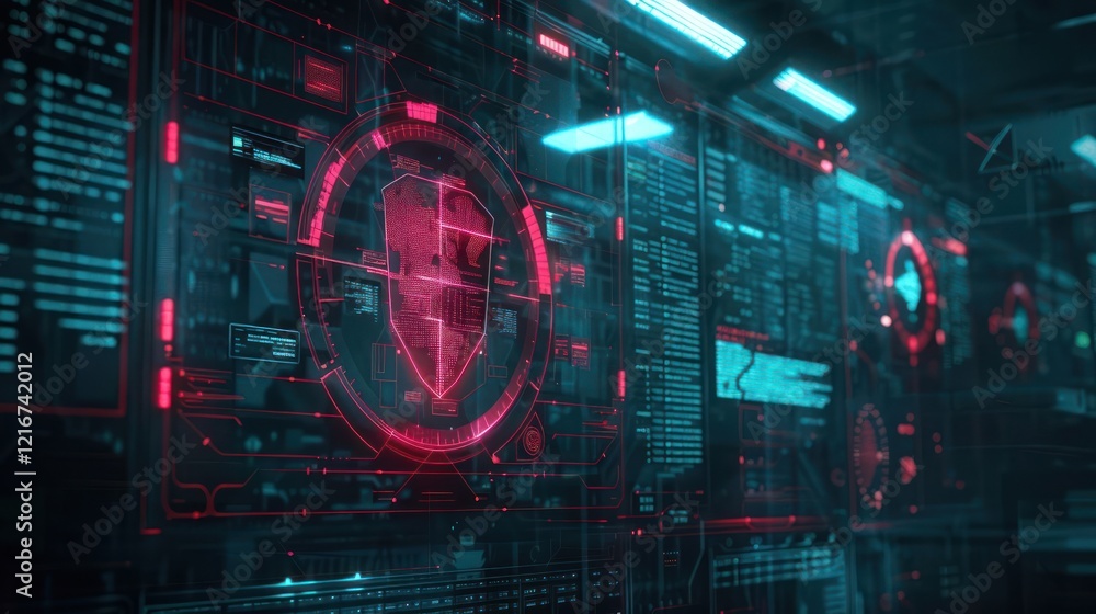 Poster futuristic digital interface showcasing security monitoring with vibrant red and blue elements