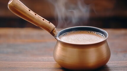 authentic coffee brewing in a cezve, bubbling foam, rustic kitchen background, warm 