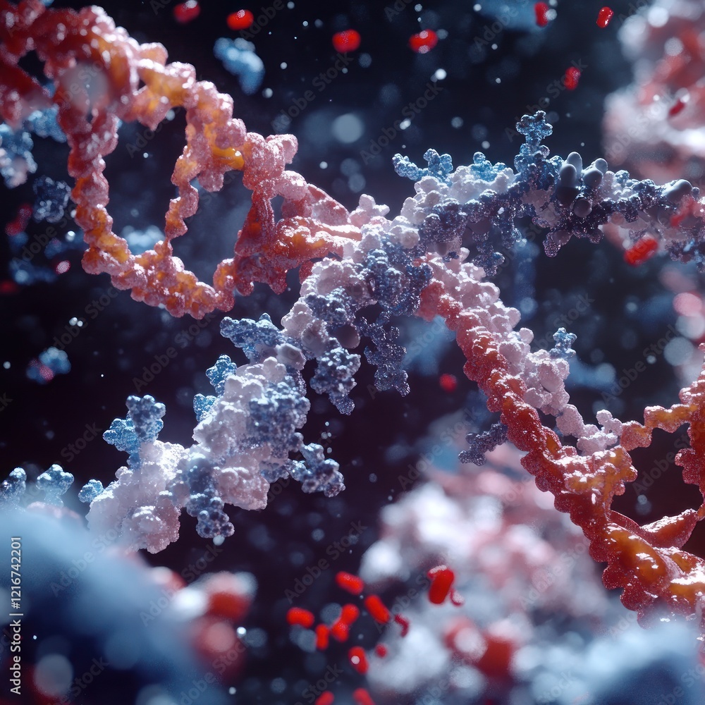 Poster microscopic view of dna double helix: a colorful 3d rendering of genetic code