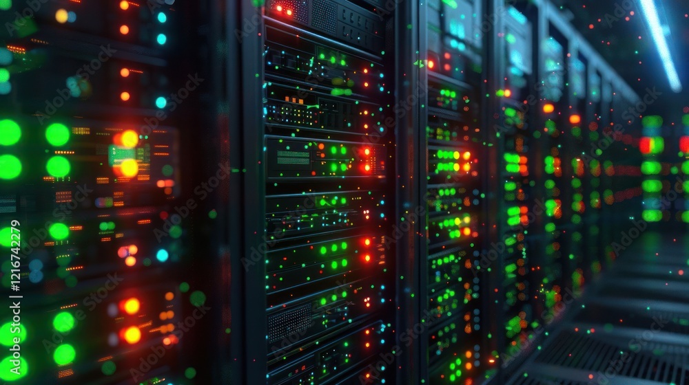 Poster vibrant data center with colorful lights and server racks in a high-tech environment (1)