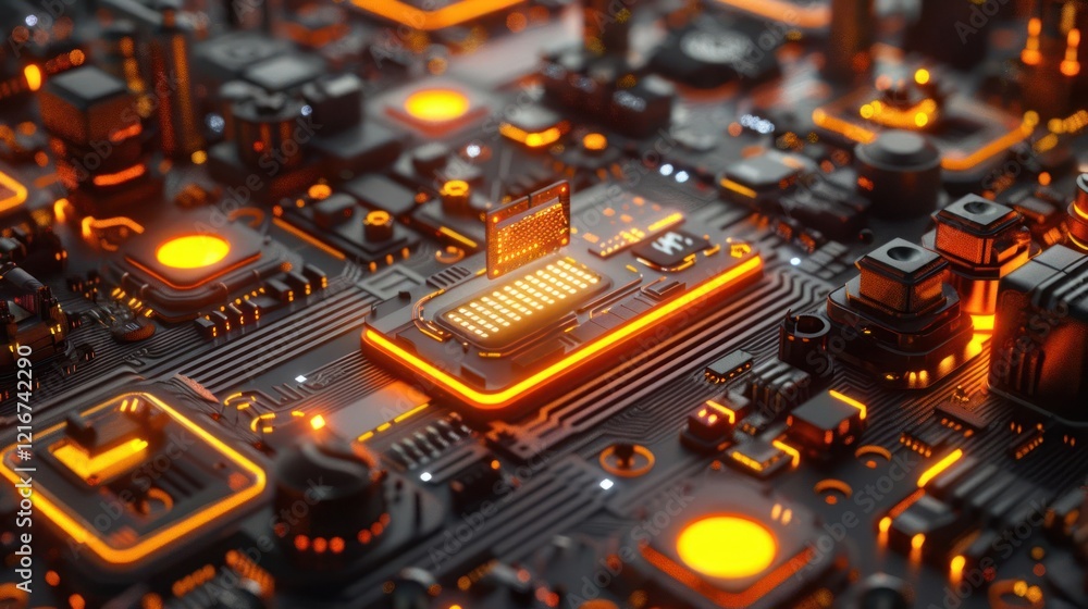 Aufkleber close-up view of a futuristic circuit board with glowing components and intricate details