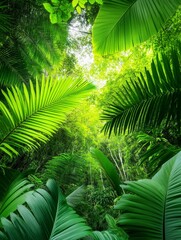 Lush Rainforest Canopy With Towering Trees - Serene, vibrant, verdant, lush, tropical; symbolizing nature's abundance, tranquility, and the power of life.