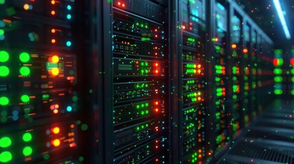 Vibrant Data Center with Colorful Lights and Server Racks in a High-Tech Environment (1)