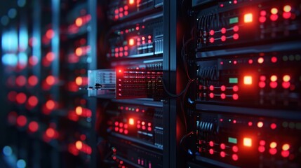 High-tech server room with illuminated equipment showcasing data processing in action