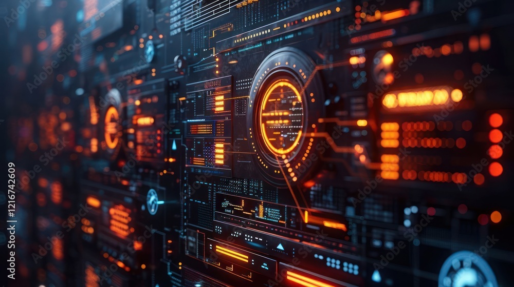 Poster futuristic digital interface with glowing elements and intricate patterns in a high-tech environment