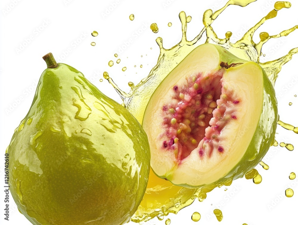 Aufkleber a green pear with a small hole in it is surrounded by a splash of orange juice. the juice is drippin