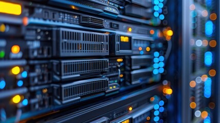 Naklejka premium Close-up view of a modern server rack with illuminated components in a data center environment