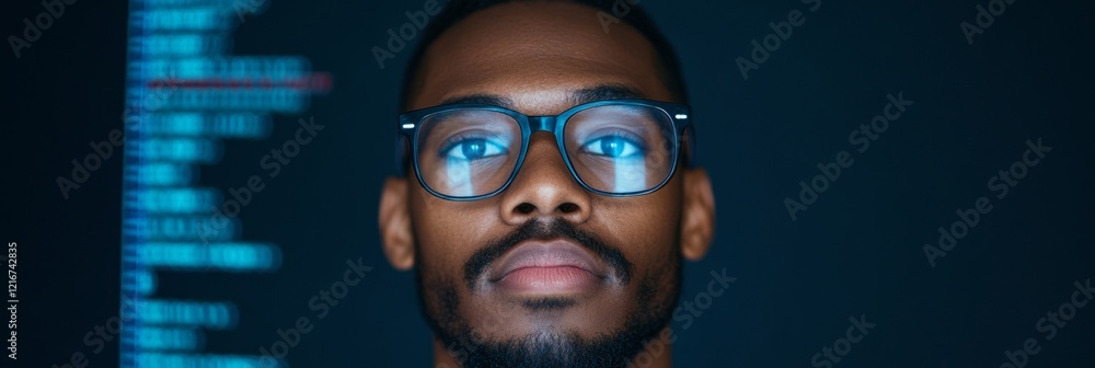 Poster Modern Tech Office Latino Male with Glasses Demonstrating AI Fact-Checking on Large Display - Digital Innovation and Business Verification in Coding Environment