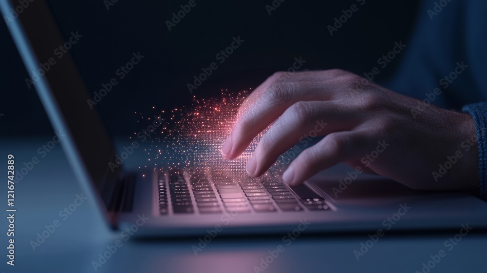Poster Futuristic Data Visualization Close-Up of Hand on Metal Laptop Keyboard with Holographic Graphs for Innovative Tech Solutions and Business Intelligence Applications