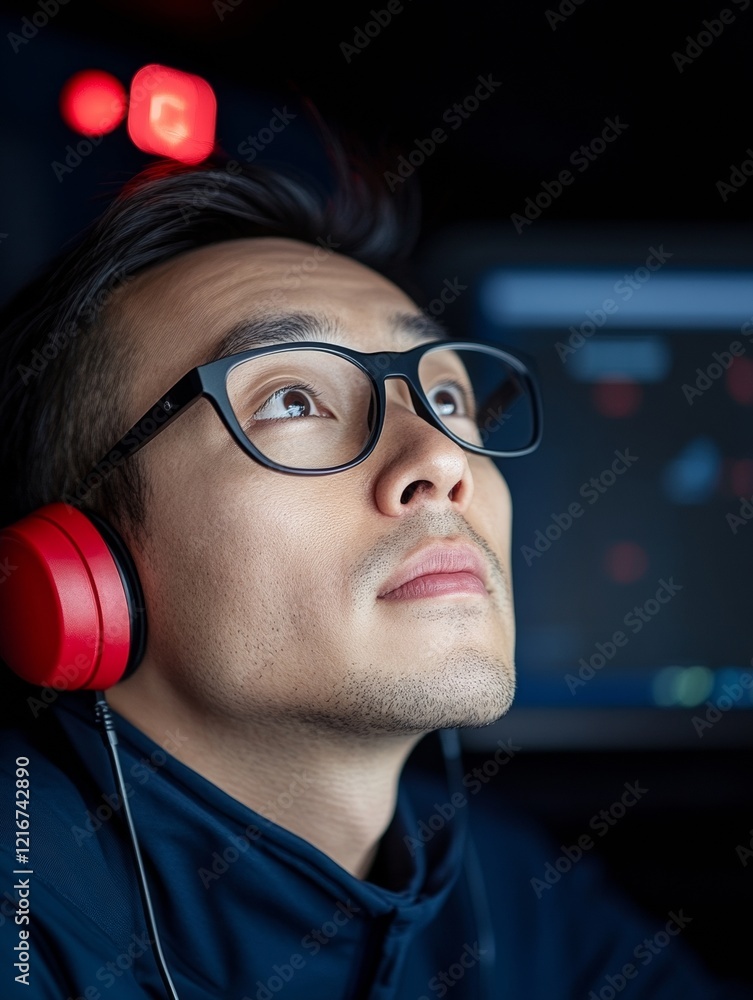 Poster Tech-Savvy Public Service Asian Male Hotline Operator in Modern Workspace with Multiple Screens - Customer Support Innovation and Digital Communication in Professional Office