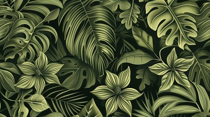 Seamless pattern of green tropical leaves and flowers.