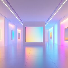 Neon-lit gallery showcasing vibrant art; calm background