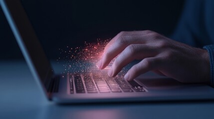 Futuristic Data Visualization Close-Up of Hand on Metal Laptop Keyboard with Holographic Graphs for Innovative Tech Solutions and Business Intelligence Applications