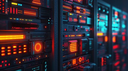 Obraz premium Vibrant server room filled with illuminated technology, showcasing high-tech equipment and cables