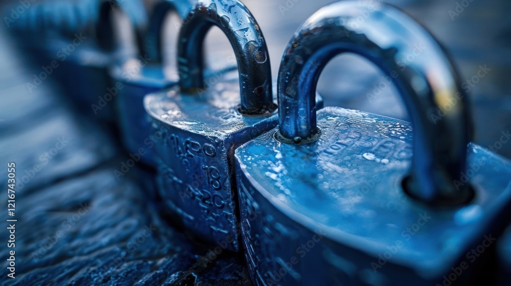 Poster close-up view of a row of blue padlocks on a textured surface, symbolizing security and protection