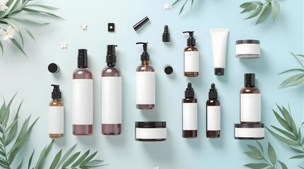 A set of cosmetic product mockups, including bottles, jars, and tubes, arranged symmetrically on a pastel background.