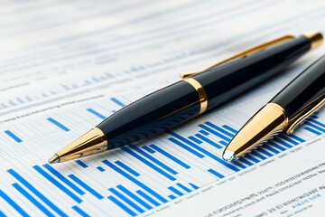 Market Data Analysis: Pens and Blue Graphs - Financial success, market trends, precision, accuracy, investment strategy.  Blue bar graphs show market data.
